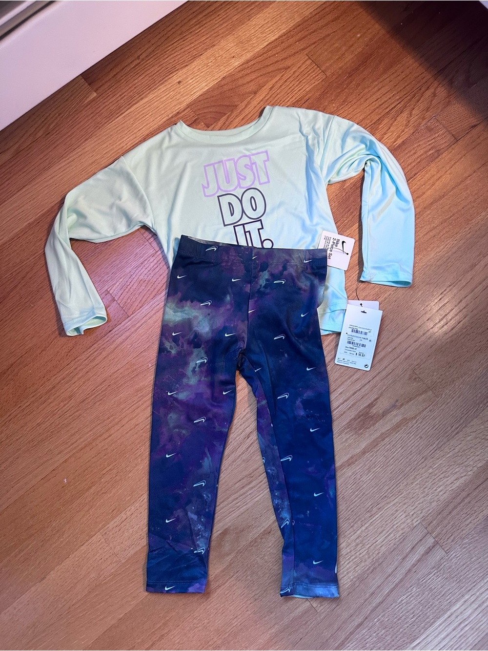 Nike Kids Mint Green Long-Sleeve Rashguard with Purple Galaxy Swim Leggings
